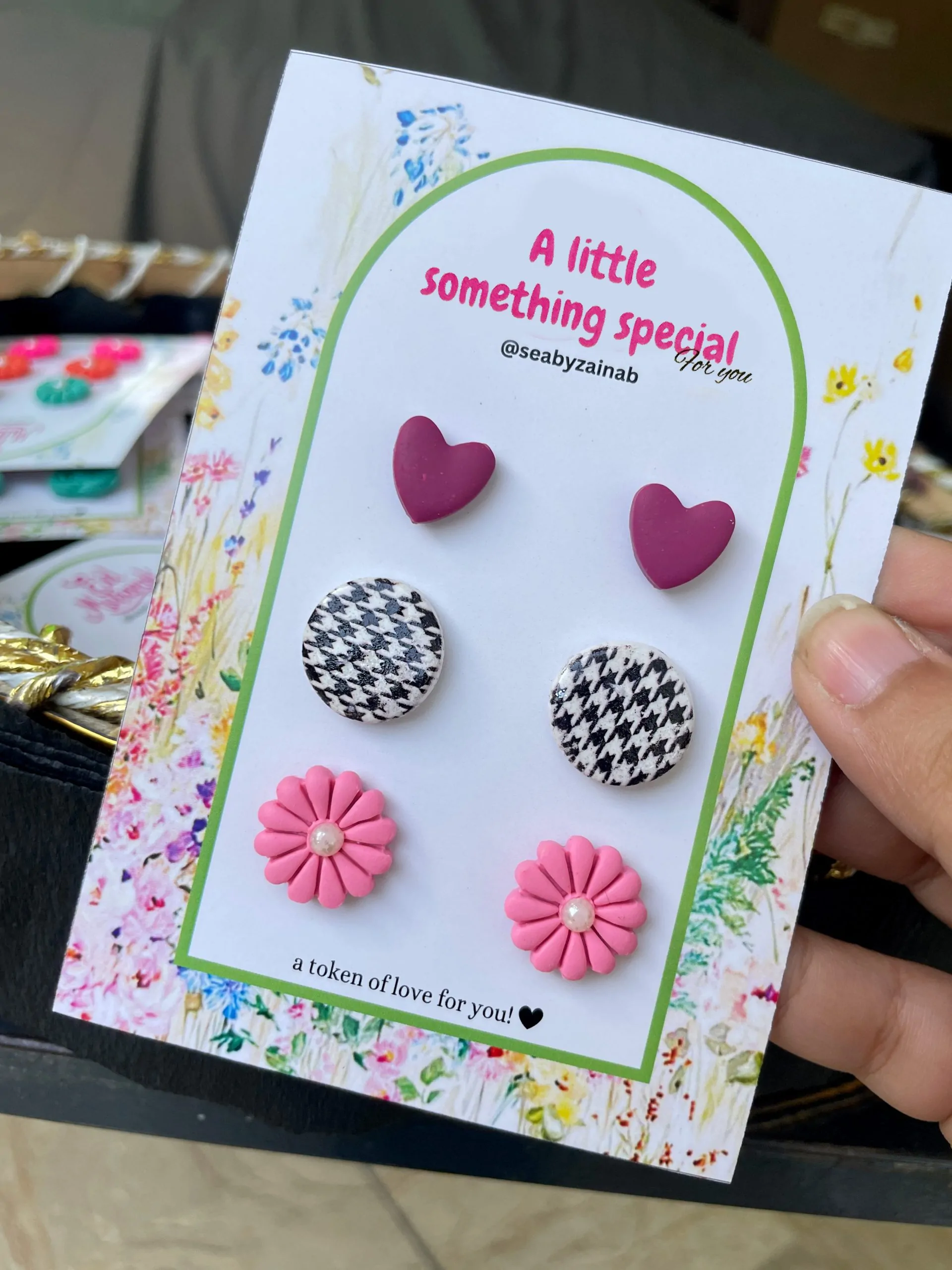 plum heart, houndstooth pattern stud and soft pin flower stud