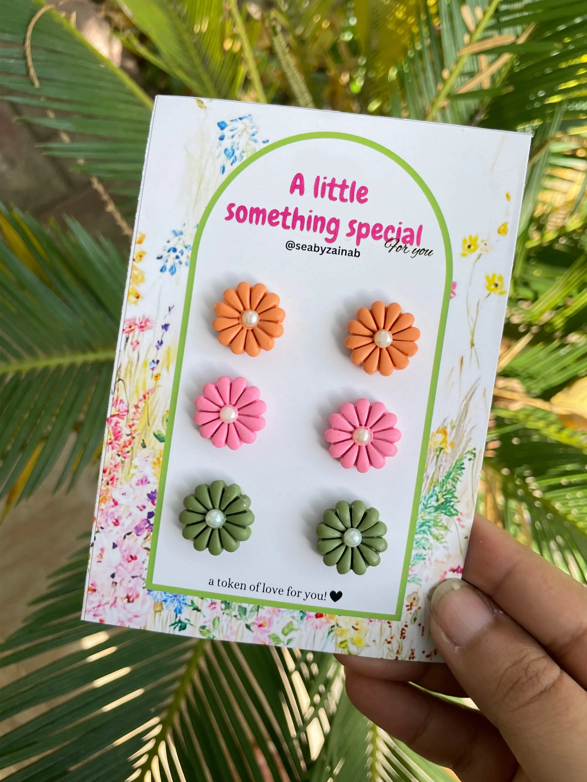 Orange, pink, and olive green handmade flower studs.