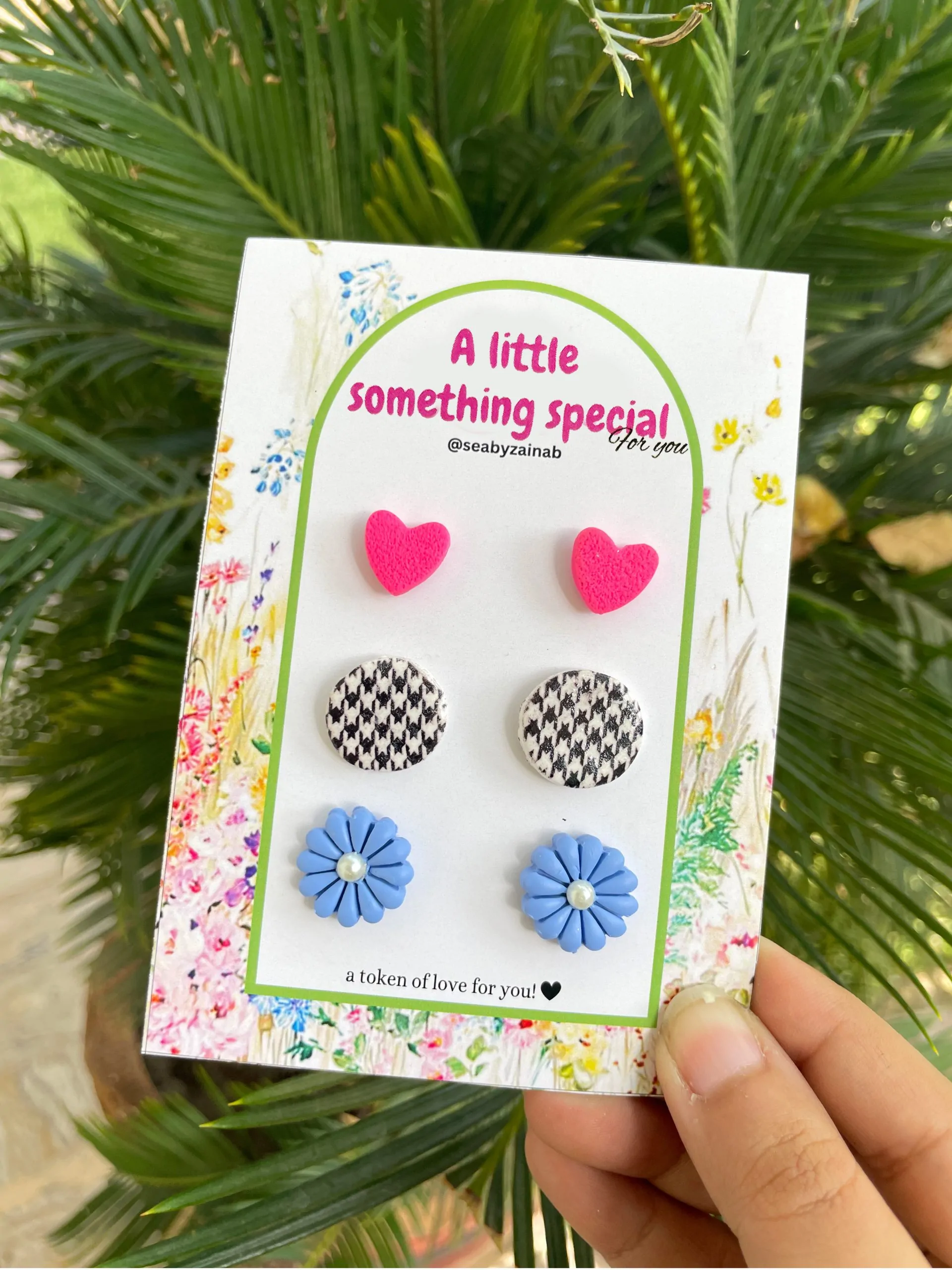 pink heart, houndstooth and electric blue stud