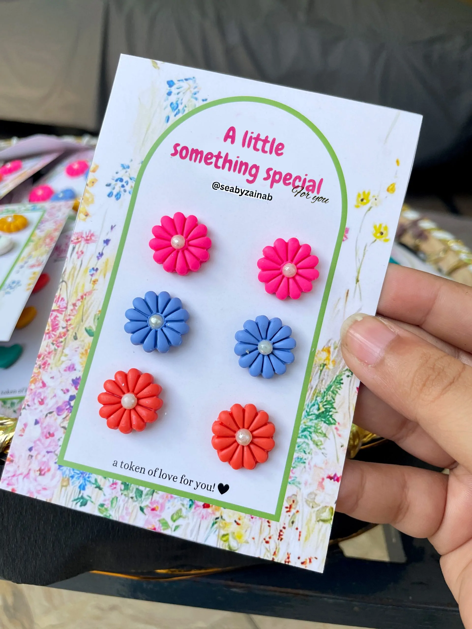 Bright pink, blue, and orange handmade flower studs