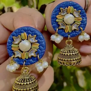Royal blue round textured earrings with gold Jhumka bells and star mirrors.