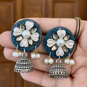 Teal blue round textured earrings with silver-toned floral accents