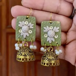 Golden Olive Textured Rectangular Jhumka Dangles