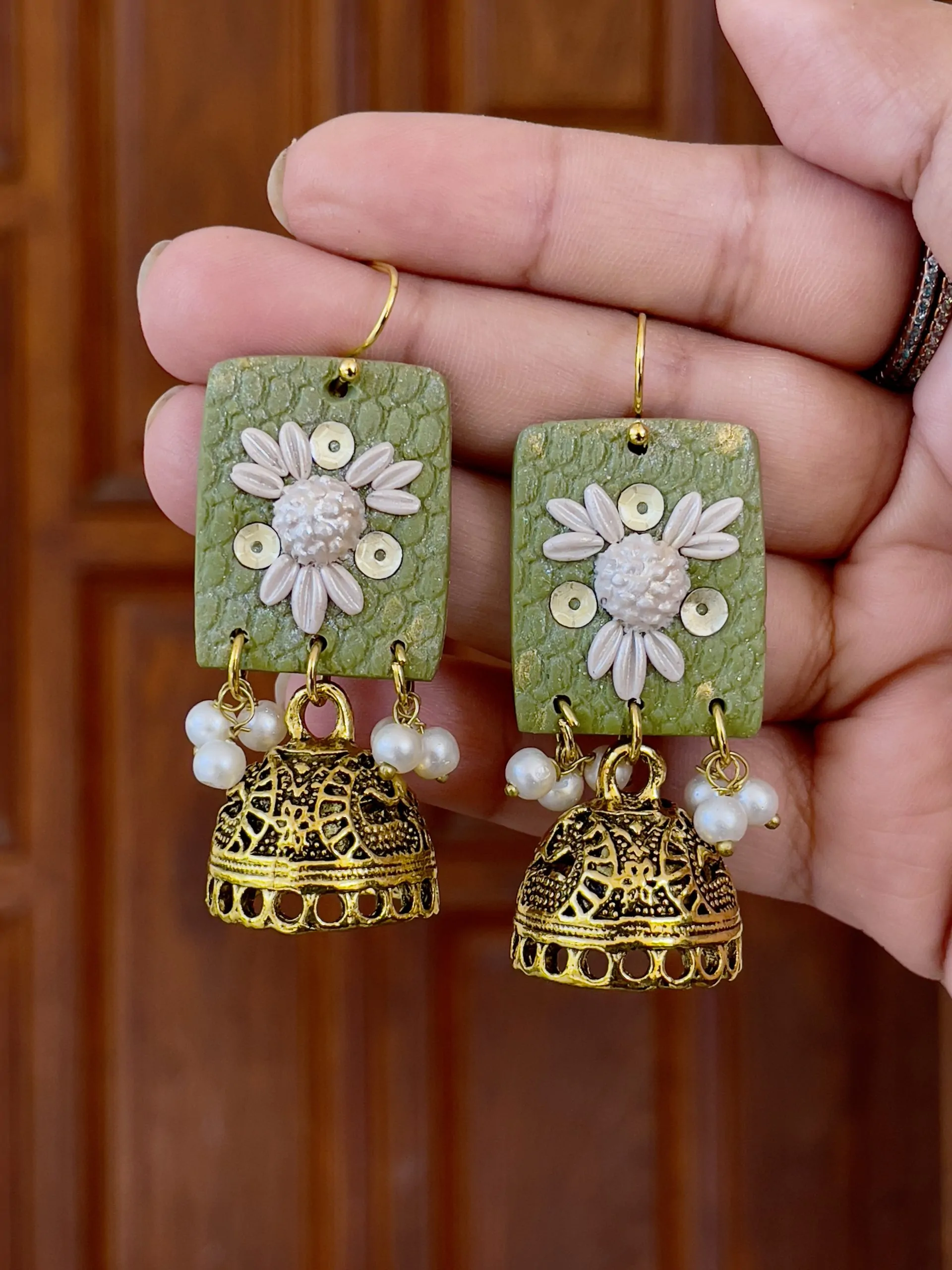 Golden Olive Textured Rectangular Jhumka Dangles