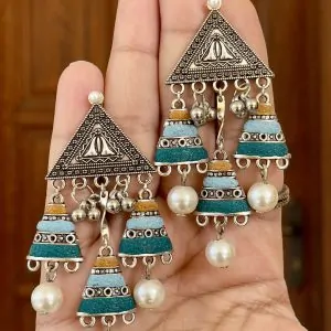Antiqued silver triangular statement earrings with three tiers of mustard yellow, sky blue, and teal blue beads and small silver bell charms.