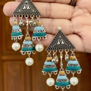 Antiqued silver triangular statement earrings with three tiers of mustard yellow, sky blue, and teal blue beads and small silver bell charms.