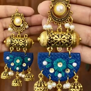 Royal Blue Jhumkas, Half-Moon Earrings, Gold Chandelier Dangles, Textured Ethnic Jewelry, Teal Floral Jhumkas, Filigree Statement Earrings, 3D Floral Jewelry, Wedding Fusion Accessories, Large Gold Jhumkas, Pearl Drop Earrings