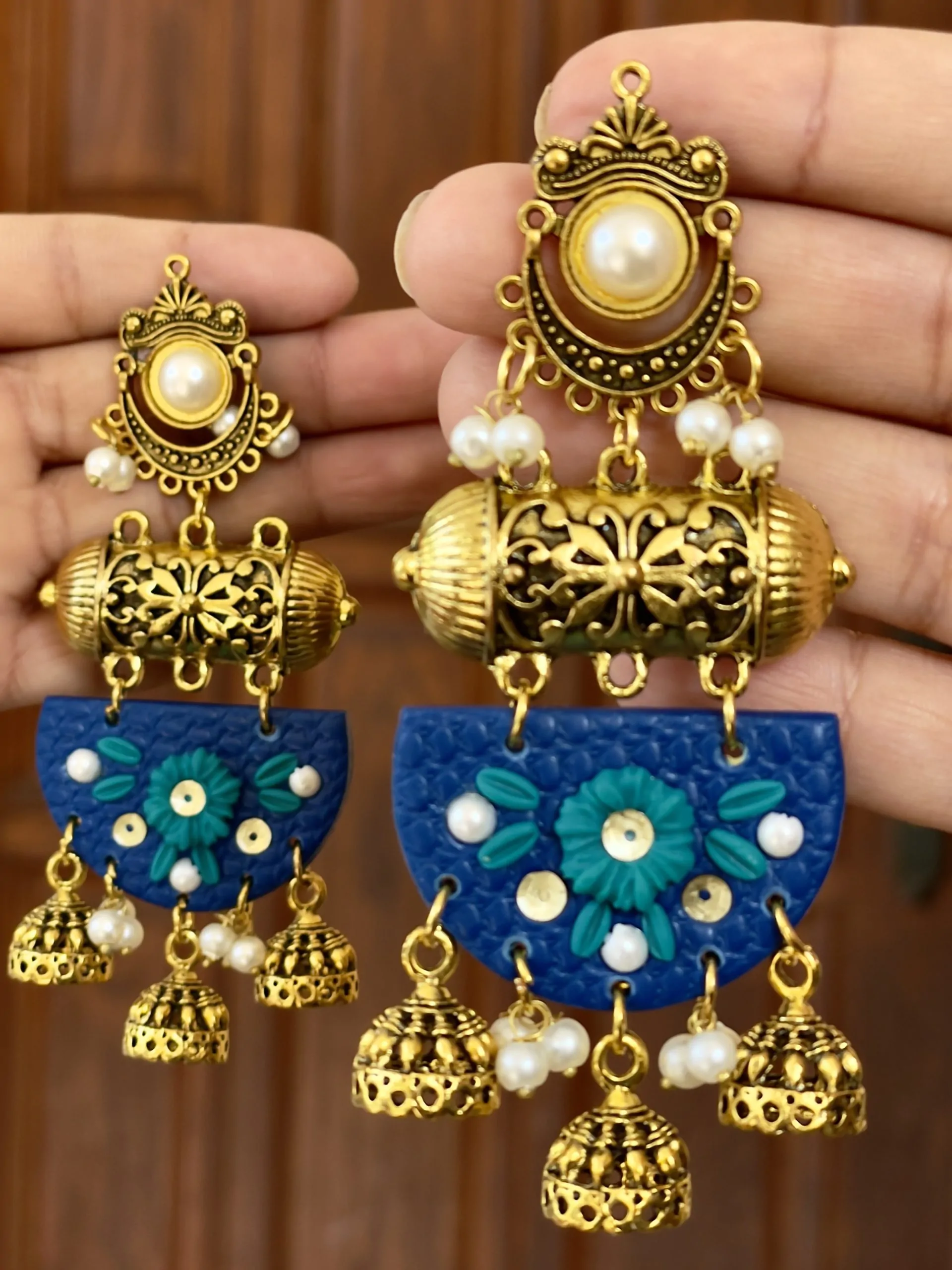 Royal Blue Jhumkas, Half-Moon Earrings, Gold Chandelier Dangles, Textured Ethnic Jewelry, Teal Floral Jhumkas, Filigree Statement Earrings, 3D Floral Jewelry, Wedding Fusion Accessories, Large Gold Jhumkas, Pearl Drop Earrings
