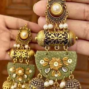 Olive green textured half-moon jhumkas with mustard flowers and five gold bell drops.