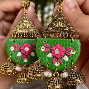 Vibrant green and pink fuchsia floral clay jhumkas with gold bells