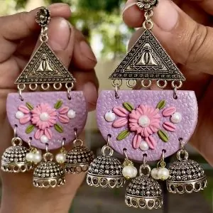 lilac half-moon chandelier earrings with sillver filigree and five Jhumka bell drops