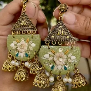 Vibrant green and pink fuchsia floral clay jhumkas with gold bells